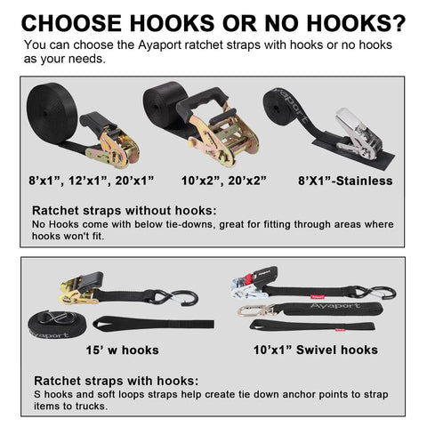 Heavy Duty Ratchet Strap Tie Downs Kit With S Hooks 2500 Lb Break Strength For Truck Bed Motorcycle Roof Rack Cargo Securement Tailgate Style No Sweat Operation