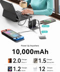 Hella Slick Compact Portable Charger 10000mAh Power Bank charging devices at a table, with USB A and C cables connected.