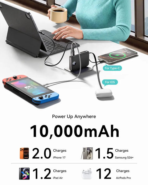 Hella Slick Compact Portable Charger 10000mAh Power Bank charging devices at a table, with USB A and C cables connected.