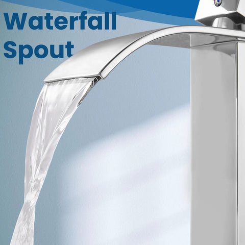 Vessel Sink Faucet Tall Waterfall Bathroom Faucet With Single Handle One Hole Mount Rectangular Spout Chrome Finish