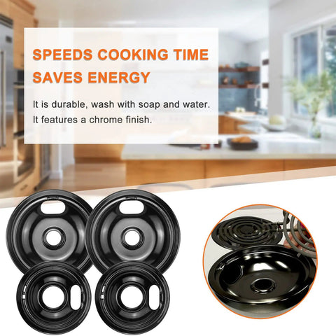 Stove Top Covers And Porcelain Burner Drip Pans Set For Electric Stoves Includes 2 Large 8 Inch Pan Covers And 2 Small 6 Inch Pan Covers In Black Ceramic Easy Clean Cooktop Shield 4 Piece Replacement displayed on kitchen counter with focus on black ceramic finish.