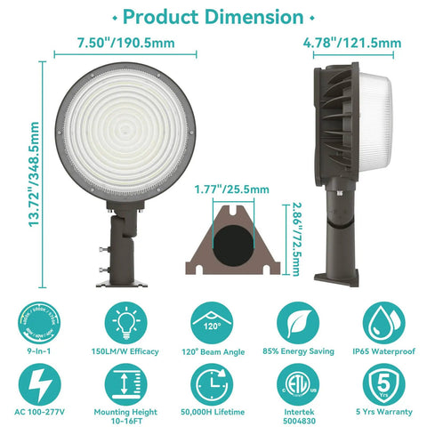 Dusk To Dawn Outdoor Wall Pack Light With Photocell Sensor, dimensions 13.72" height, 7.50" diameter, side and front views
