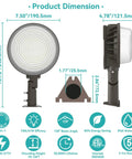 Outdoor Dusk To Dawn LED Wall Pack Light 80W 10450 Lumens size diagrams with dimensions, circular design, and side profile.