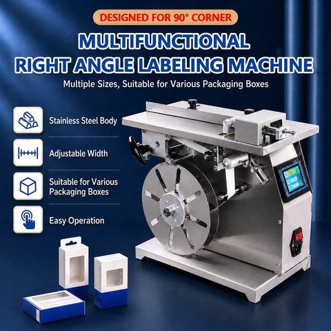 Gshshou Semi Automatic Right Angle Labeling Machine With Optical Sensor For Fast 90 Degree Corner Sealant Application High Speed 35 To 90 Pieces Per Minute Wraps Tightly Around Box Edges Without Wrinkles Or Bubbles Anti Tampering Seal Effortlessly, stainless steel body, adjustable width.
