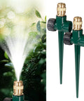 Two Pack Metal Lawn Sprinklers With Brass Heads And Aluminum Spike Base, 360 Degree Adjustable Nozzles for large area coverage.