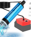 Zero Drama Cordless Submersible Water Pump Heavy Duty Silent Operation Swift Flow Draining Compatible With Milwaukee 18V Battery, red and blue utility pump with hose and water splashes.
