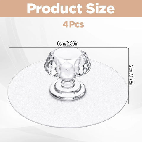 4 Pack Self Adhesive Cabinet Drawer Knob Set Clear Acrylic Crystal Handles No Drilling Easy Install, dimensions shown