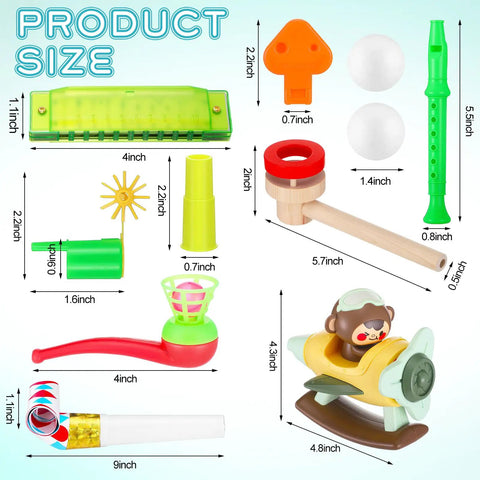 9-Piece Oral Motor Therapy Kit For Kids And Grown-Ups With Myofunctional Tools Like Tongue Trainer And Whistle, Controlled Airflow, Speech Clarity, Oral Placement Practice, And Feeding Support. Size chart showing 9-piece kit in plastic and wood