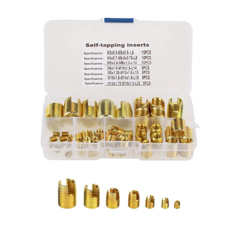 50Pcs Brass Tone Self Tapping Slotted Thread Inserts Kit For Quick Thread Repair No Pre Threading Needed Strong Tensile Strength And Vibration Resistant Easy To Use Thread Repair Tool Set, assorted sizes
