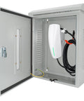 Heavy Duty Outdoor EV Charger Enclosure For Tesla Wall Plug With Secure Lock And Dual Cable Ports Weather Proof Shell showing inside with charger and cable.