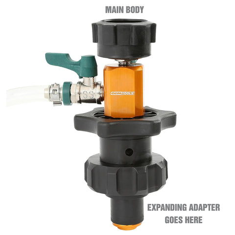 OEMTOOLS 24444 cooling system refiller main body: orange housing, black knob, green valve lever, hose connection
