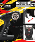 High Speed 1 18th Scale 4x4 Waterproof Off Road RC Car With 2 4GHz Remote showing controls and steering wheel.