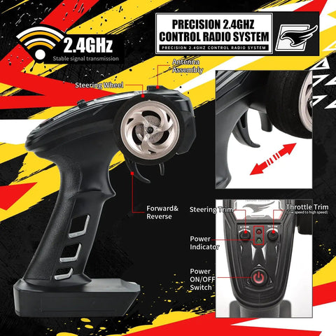 High Speed 1 18th Scale 4x4 Waterproof Off Road RC Car With 2 4GHz Remote showing controls and steering wheel.