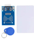 Mifare RC522 NFC Reader Module Kit with S50 white card and blue key ring for Arduino Raspberry Pi access control setup.