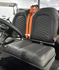 Interior view of premium stitched seats in Top Tier Electric Golf Cart 4 Seater Loaded Up With 48V Power Motor, featuring safety straps.