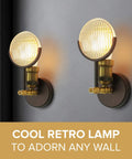Industrial Rustic Wall Sconce Lamp With Wall Mount Dope Retro Vertical Lighting PAR36 Aircraft Beam Headlight Steampunk Dungeon Lantern Farmhouse Fixture Victorian Style 2 Pack showing brass finish and acrylic shade on wall