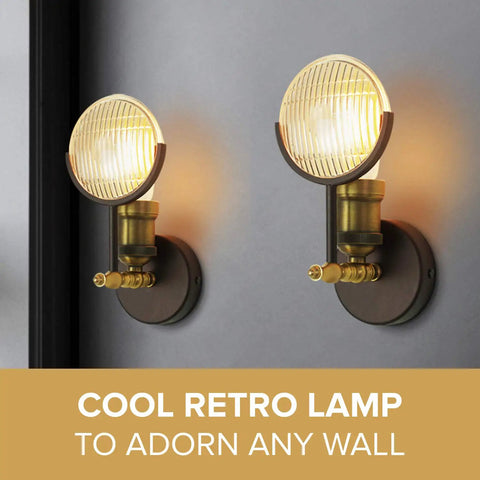 Industrial Rustic Wall Sconce Lamp With Wall Mount Dope Retro Vertical Lighting PAR36 Aircraft Beam Headlight Steampunk Dungeon Lantern Farmhouse Fixture Victorian Style 2 Pack showing brass finish and acrylic shade on wall