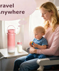 Mother with child on airplane, using a Portable Breastmilk Cooler For Travel And Daily Grind, Reusable 22oz Two Pack.