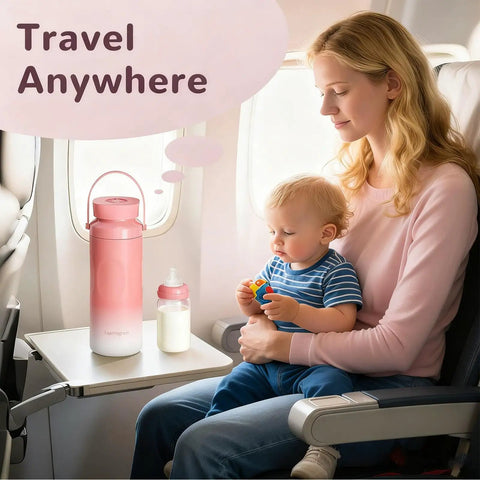 Mother with child on airplane, using a Portable Breastmilk Cooler For Travel And Daily Grind, Reusable 22oz Two Pack.