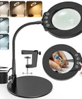 Desk Magnifying Glass With Light And Stand 10X 15X Zoom 4.2 Inch HD Lens showing LED modes, flexible gooseneck, and metal base