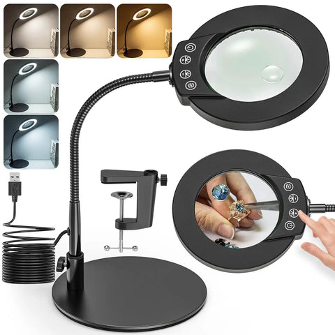 Desk Magnifying Glass With Light And Stand 10X 15X Zoom 4.2 Inch HD Lens showing LED modes, flexible gooseneck, and metal base