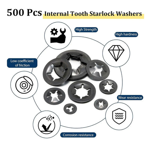 All In One 500 Pcs Internal Tooth Serrated Lock Washers Set M2.5 To M12 Anti Loosen Anti Vibration Fasteners Kit For Precision Machinery DIY Projects And Heavy Duty Assemblies Industrial Grade Gearhead Approved, black washers
