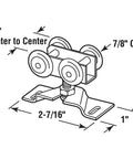 Diagram of Bi-Fold Door Roller Assembly with 7/8 inch convex plastic wheels, steel bracket and ball bearings, zinc plated.