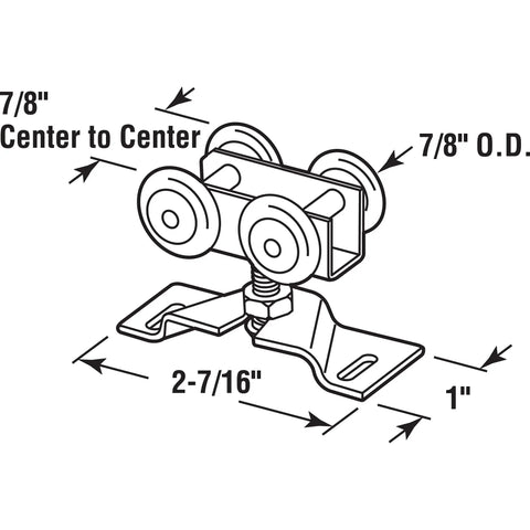 Diagram of Bi-Fold Door Roller Assembly with 7/8 inch convex plastic wheels, steel bracket and ball bearings, zinc plated.