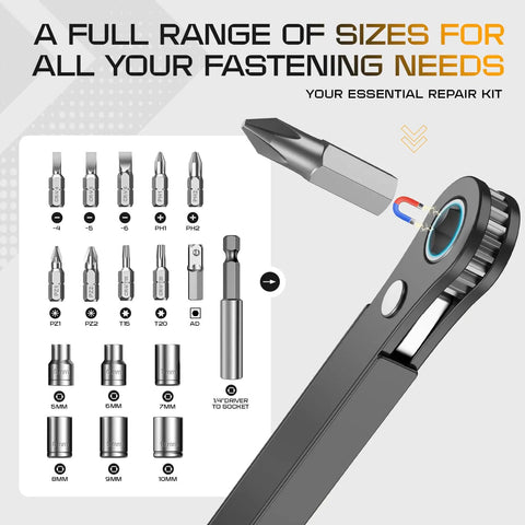 90 Degree Offset Right Angle Screwdriver With Ratcheting Mechanism Handy Pocket Size Mini Low Profile For Tight Spaces EDC Gear Tool For Men DIY Enthusiasts Stocking Stuffers showing 18-in-1 kit with multiple bits and socket options