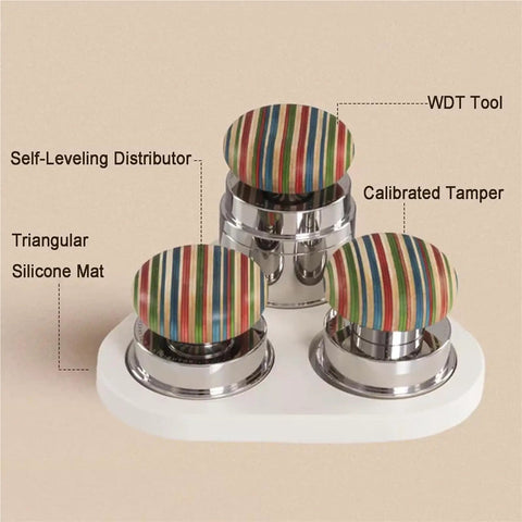 Kick Start Your Morning Routine With This Espresso Tamper Set Featuring A Self Leveling Distributor And Calibrated Tool For 58mm Portafilters, Plus A Nifty Silicone Mat And Magnetic Base For Fresh Brews - self-leveling distributor and calibrated tamper on a silicone mat.