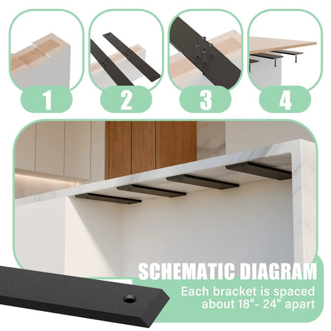 Four Pack 26 Inch Countertop Support Brackets Set With Hidden Island Mounts installation diagram