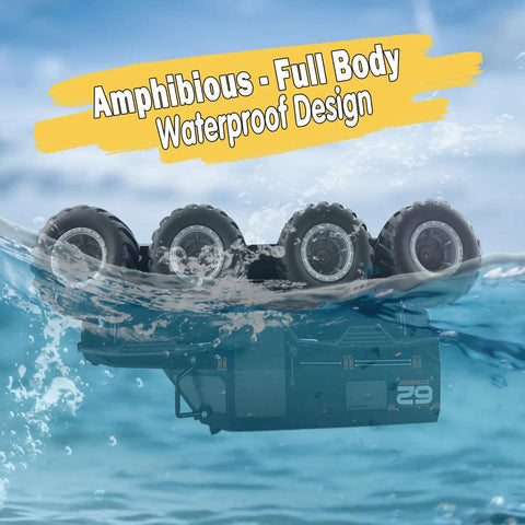 Amphibious Remote Control Car With Waterproof Design submerged in water showcasing its durability and 8WD power.