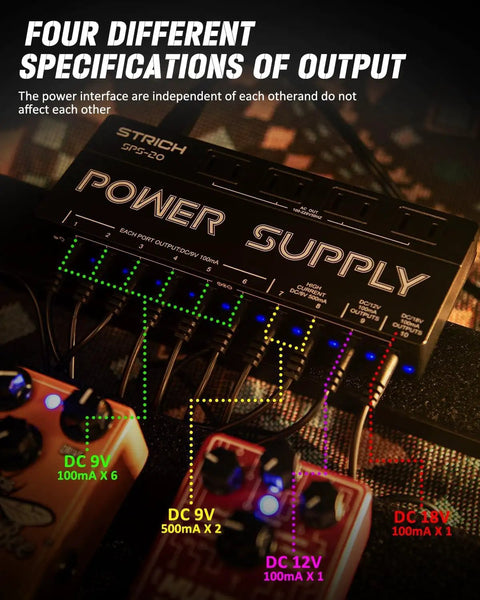 Ten Independent DC Outputs Guitar Pedal Power Supply For Effects with isolated rails and LED indicators connected to pedals