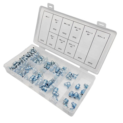 110Pcs Grease Zerk Fittings Metric Kit With Straight And Angled Zerks For Auto Shop And Industrial Use, Durable Storage Case shown.