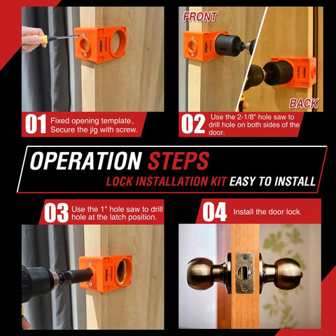 Installation steps of Door Lock Installation Kit With High Carbon Steel Hole Saw Set For Wooden Doors using template guide.