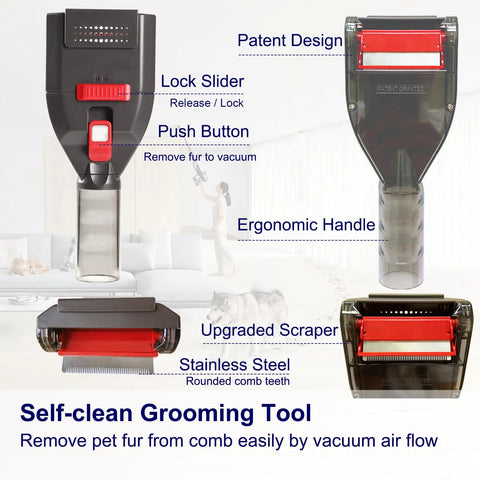 Dog Hair Vacuum Attachment For Vacuum Cleaners Pet Grooming Tool shown with ergonomic handle, lock slider, and stainless scraper