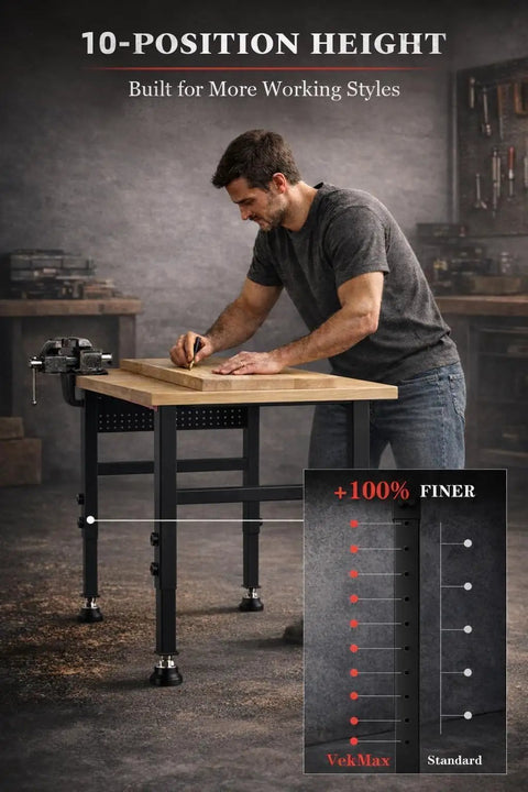 Man using Heavy Duty 48 Inch Adjustable Height Workbench With Power Strip And Pegboard Pro Grade Solid Wood Top Reinforced Steel Frame