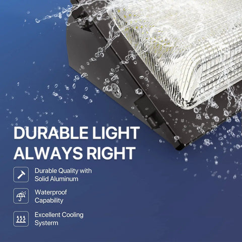 Go-To 120W LED Wall Pack Light With Dusk To Dawn Photocell Glass Lens Glare Free Security Flood Outdoor Fixture For Homes Warehouses And Industrial Spaces UL Listed - close-up of glass lens and aluminum frame with water resistance display