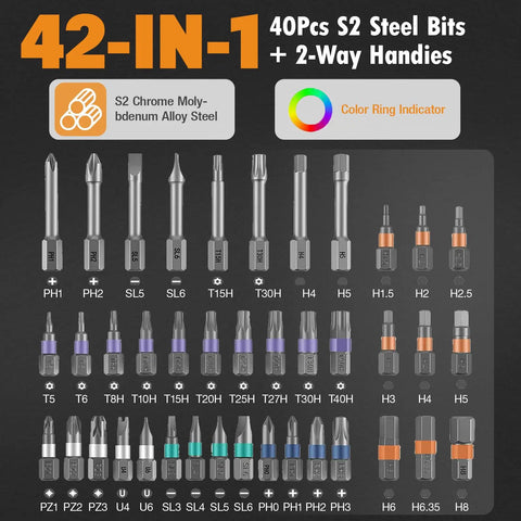 42 In 1 Magnetic Ratchet Screwdriver Set With Detachable Handle, 8 Long And 32 Short Precision Bits Including PH Slotted Torx