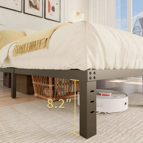 Straight Up Heavy Duty Queen Bed Frame Built Like A Tank With Ample Underbed Storage showing 8.2 inch clearance and sturdy legs.