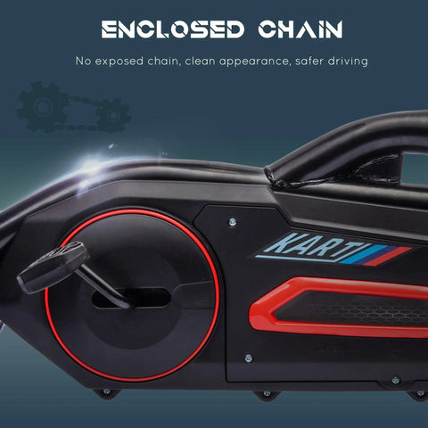 Close-up of the enclosed chain and side design of Kid Pedal Go Kart For Outdoors With Adjustable 4 Position Seat Swing Axle
