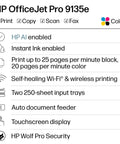 List of features for HP OfficeJet Pro 9135e including AI enablement, Instant Ink, duplex printing, and security specifications.