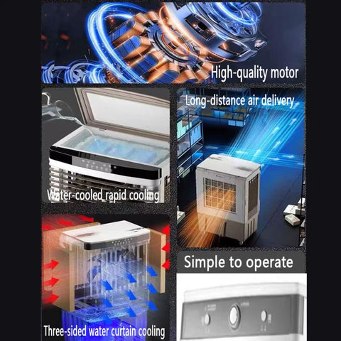 Portable Air Cooler With 40L Water Tank And 3 Speeds Plus 120 Degree Oscillation shows water-cooled rapid cooling system and airflow.
