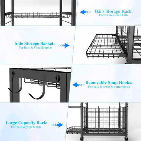 Close-up view detailing the Mobile Garage Sports Gear Organizer With Wheels Three Tier Ball Rack For Basketballs Footballs And Mats.
