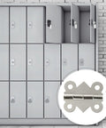 Nickel Plated White Butterfly Cabinet Hinges 180 Degree 48 Pack close-up with lockers and screws visible
