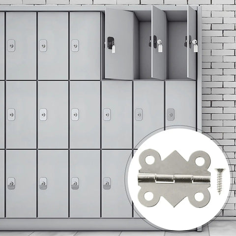 Nickel Plated White Butterfly Cabinet Hinges 180 Degree 48 Pack close-up with lockers and screws visible