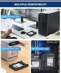 2 Pack 2.5 To 3.5 Inch SSD And HDD Adapter Bracket Kit next to a desktop PC and inserted into hard drive and computer cases.