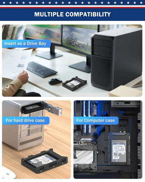 2 Pack 2.5 To 3.5 Inch SSD And HDD Adapter Bracket Kit next to a desktop PC and inserted into hard drive and computer cases.