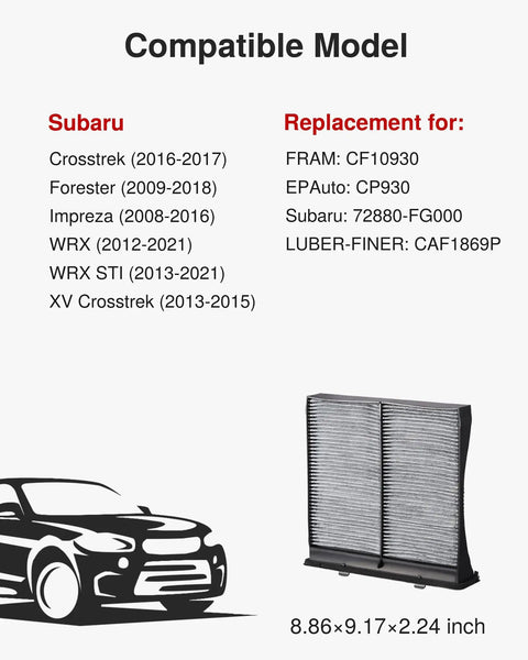 Cabin Air Filter With Activated Carbon For Subaru Crosstrek Forester Impreza WRX WRX STI XV Crosstrek Replacement Odor Control