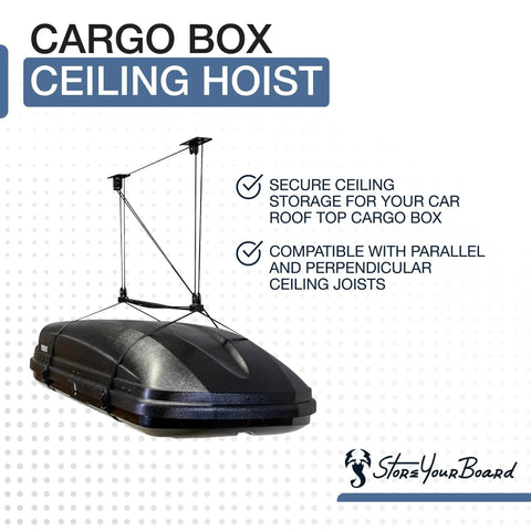 Heavy Duty Garage Ceiling Hoist For Cargo Box Pulley System Holds 150 Lbs With Pulley Lift shown installed with rooftop carrier